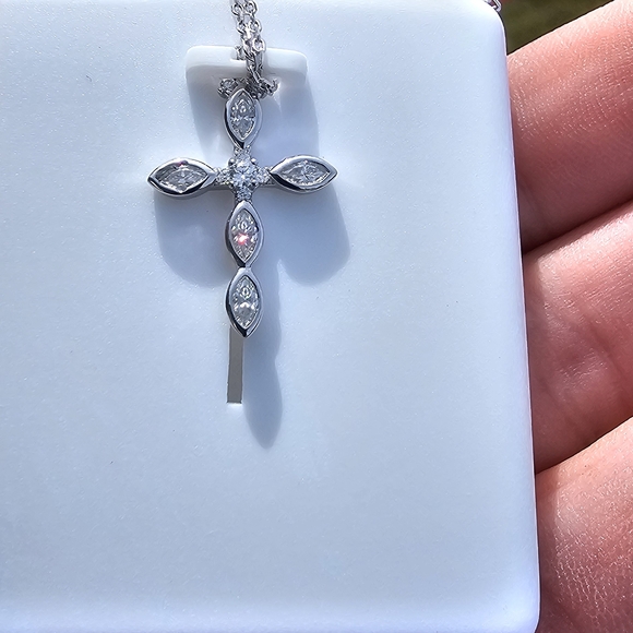 Sterling Silver Cross Pendant Necklace with Clear Marquise Cubic Zirconia - Picture 3 of 5